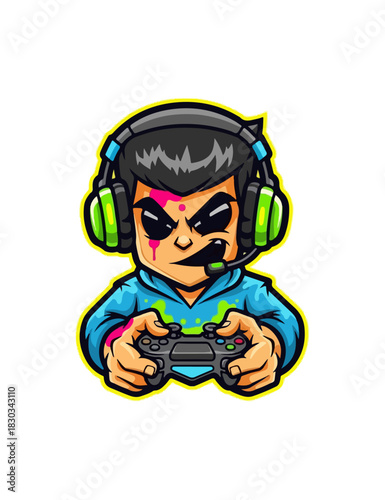 Cartoon gamer with headphones and controller ready to play video games.