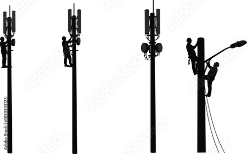 Silhouette of telecom tower workers installing antennas and street lights, communication maintenance, electrical line technicians working on high poles illustration