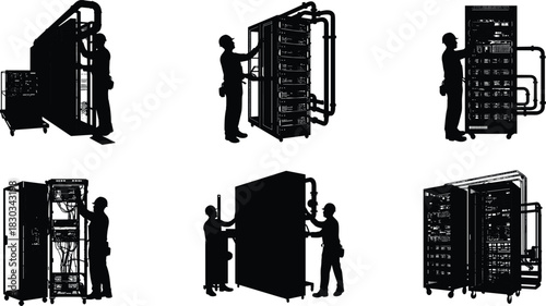 Silhouette of technician working on server rack, data center maintenance and network equipment installation, IT infrastructure technology concept illustration