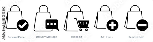 A set of 5 business icons as forward parcel delivery message, shopping,