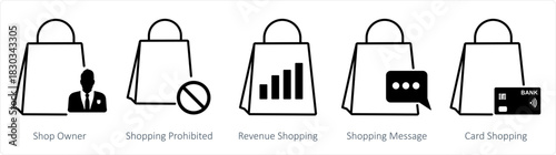 A set of 5 business icons as shop owner, shopping prohibited, revenue shopping