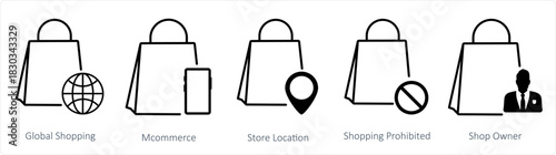 A set of 5 business icons as global shopping, mcommerce, store location