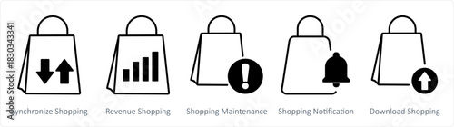 A set of 5 business icons as synchronize shopping, revenue shopping, shopping maintenance