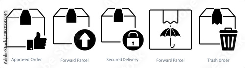A set of 5 business icons as approved order, forward parcel, secured delivery 