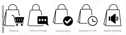 A set of 5 business icons as shopping, delivery message, forward parcel