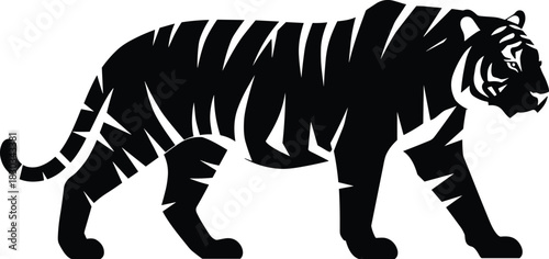 Silhouette of walking tiger with bold stripes, wild animal illustration, wildlife design concept, majestic jungle predator vector art for decoration