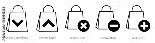 A set of 5 business icons as delivery prohibited, delivery email, remove item