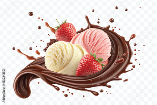 realistic swirling creamy vanilla and strawberry ice cream scoops with chocolate splash in different style isolated on transparent background