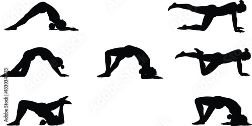 Silhouette of woman performing various yoga poses and fitness exercises, body flexibility training, strength and balance workout, healthy lifestyle concept background