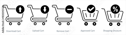 A set of 5 business icons as download cart, upload cart, remove cart