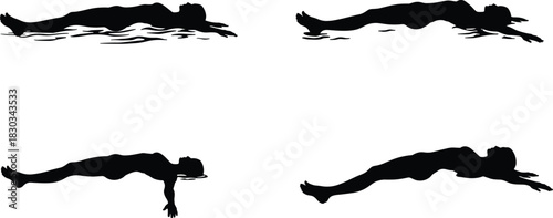 Silhouette of woman floating on water in relaxing swimming position, calm meditation and body balance concept, peaceful aquatic relaxation background