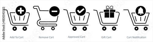 A set of 5 business icons as add to cart, remove cart, approved cart