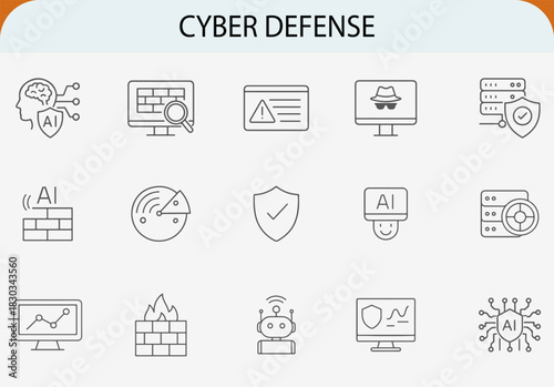 AI cyber defense outline icon set, network security firewall shield vector