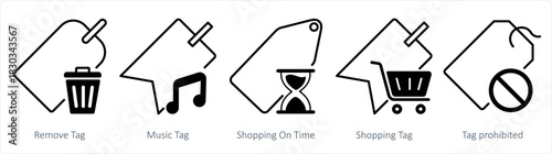 A set of 5 business icons as remove tag, music tag, shopping on time