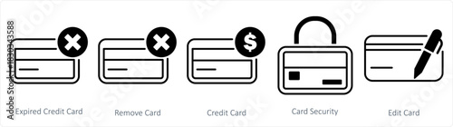 A set of 5 business icons as expired credit card, remove card, credit card