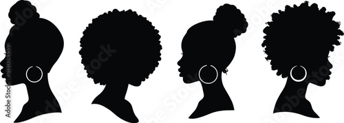 Silhouette of women with natural curly and afro hairstyles, beauty and fashion concept, feminine elegance, hairstyle diversity, self-expression, and modern style.