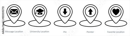 A set of 5 business icons as message location, university location, pin