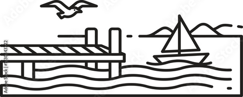 Charming black outline illustration of a serene seaside landscape featuring a wooden dock, a sailboat on gentle waves, a flying seagull, and distant mountains