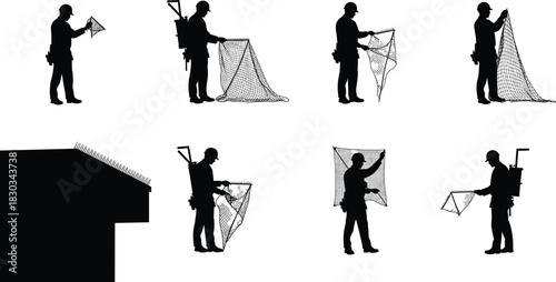 Silhouette of worker installing bird protection net on building roof, pest control technician securing mesh safety barrier for maintenance work