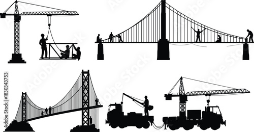 Silhouette of workers constructing a suspension bridge with cranes and trucks, teamwork and engineering concept, modern infrastructure development and industrial construction project