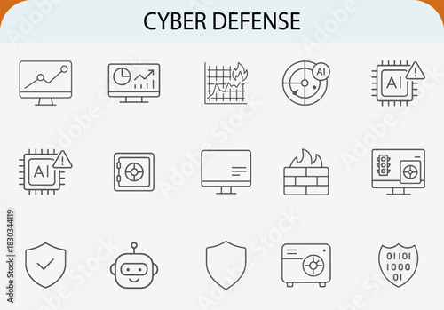Cyber defense outline icon set, data security firewall protection vector