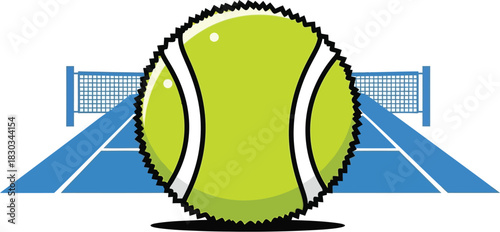 A vibrant green tennis ball prominently displayed with a blue tennis court and net in the background, creating a dynamic sports illustration