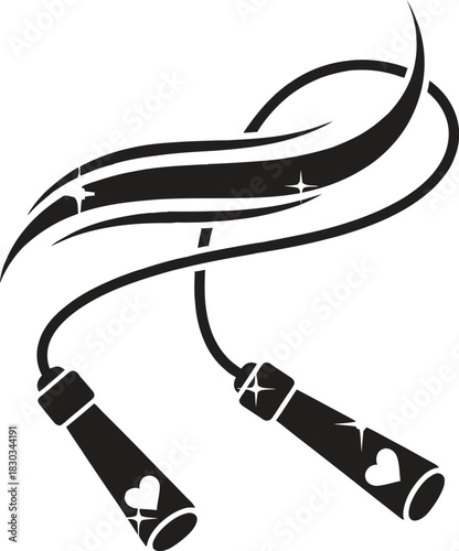A stylized black and white jump rope icon featuring heart details on the handles and dynamic sparkle elements, representing fitness, exercise, sport, and healthy lifestyle