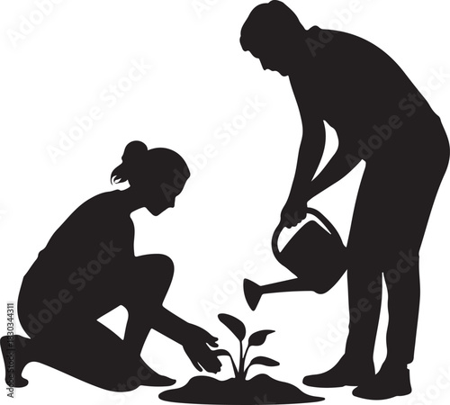 silhouette of couple gardening together, featuring a man and woman planting and tending plants