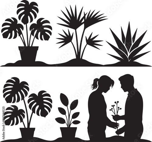 silhouette of couple gardening together, featuring a man and woman planting and tending plants