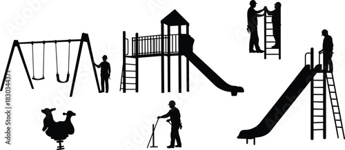Silhouette workers installing playground equipment including swings and slides during park construction to ensure safe recreational area for children community