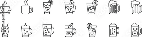 Beverage and Drink Line Icons Set, Including Hot Coffee, Tea, Cocktail, Beer Mug, Juice, and Cold Refreshments, Perfect for Menu Design and Restaurant UI/UX.