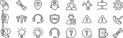 Customer Service and Technical Support Icon Set, Helpdesk and FAQ Line Icons for Website, Q&A, Problem Solving, Assistance, and Guidance Outline Vector Design Element