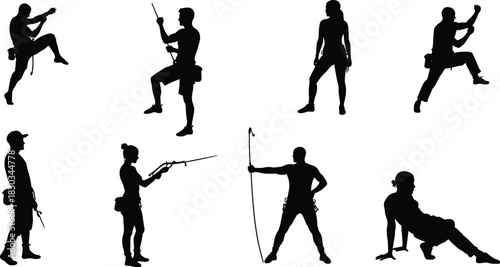 Silhouettes of climbers practicing various rock climbing techniques, rappelling, belaying, outdoor adventure skills, fitness strength training, and mountaineering movements in dynamic action poses