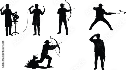 Silhouettes of diverse people performing scientific experiments, archery practice, tactical aiming, and observational activities, highlighting skill, focus, precision, and dynamic human actions