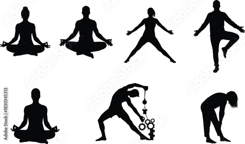Silhouettes of diverse people practicing yoga, stretching, meditation, mindfulness, and creative movement exercises, highlighting wellness, balance, flexibility, black illustration