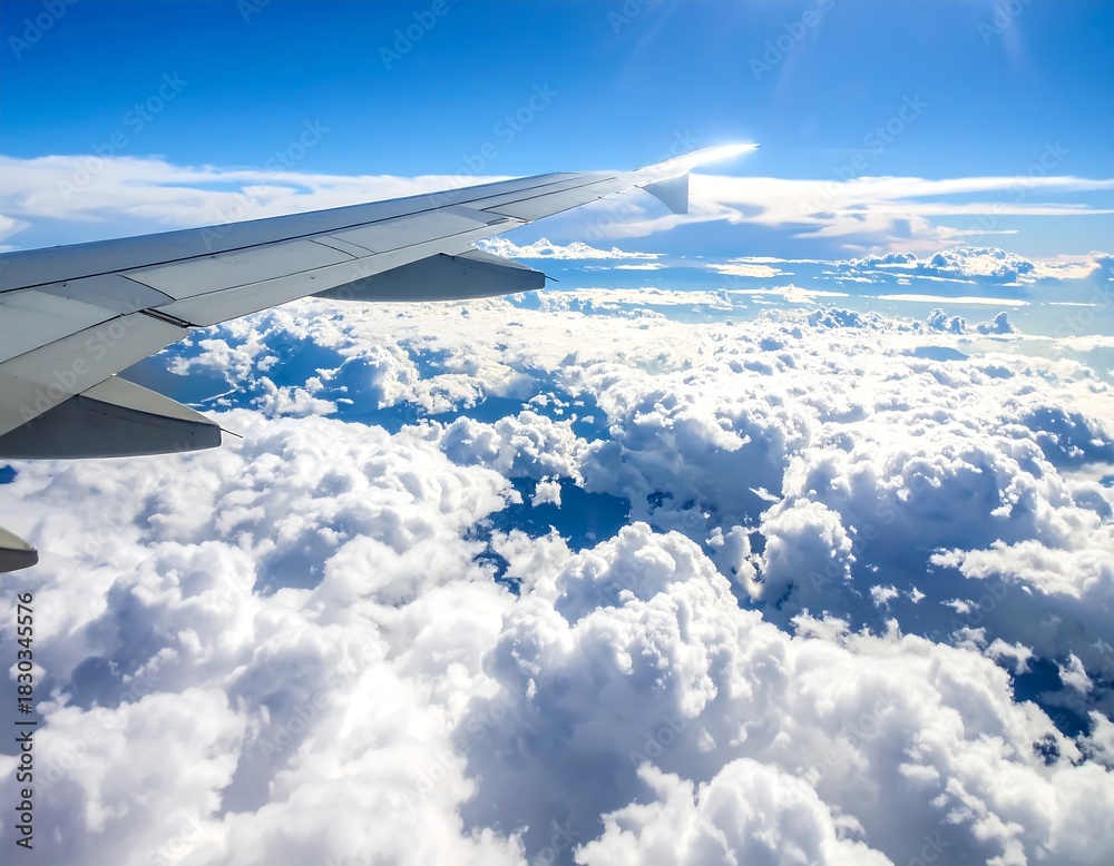 Fototapeta premium Aerial View of Airplane Wing and Clouds on a Sunny Day.
