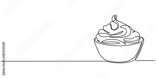 Self drawing animation of single one line drawing one bowl with whipped cream, Full length animated 