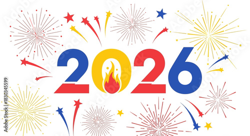 Bright fireworks and stars frame '2026', symbolizing joyful anticipation. Perfect for party invitations, posters, and festive designs, conveying hope and celebration.