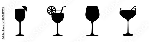 A collection of black silhouettes featuring various beverage glasses, including wine and cocktail styles