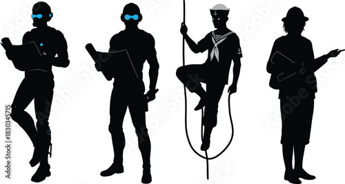 Silhouettes of futuristic inspectors, sailors, and field workers holding documents and tools, showcasing technology, navigation, exploration, illustration