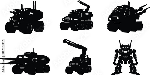 Silhouettes of futuristic armored vehicles and combat mech robots with heavy weapons, military machinery, sci-fi war machines, tactical technology illustration on white background