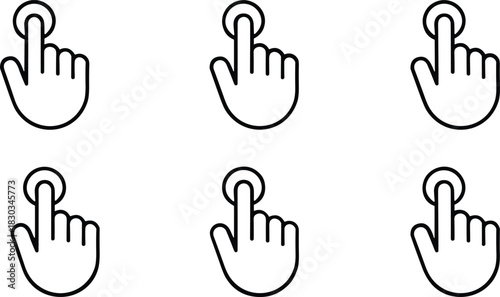 Repetitive Single Finger Tap and Click Hand Cursor Icons, Perfect for Demonstrating Touch Screen Interaction, Selection, and Digital Interface Pointer Functionality in Web Design.