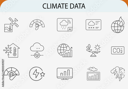 Climate data outline icon set, global warming environmental change vector
