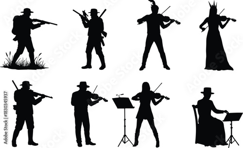 Silhouettes of hunters and violinists in various poses, combining musical performance and outdoor activity themes for creative illustration, fantasy, and design projects
