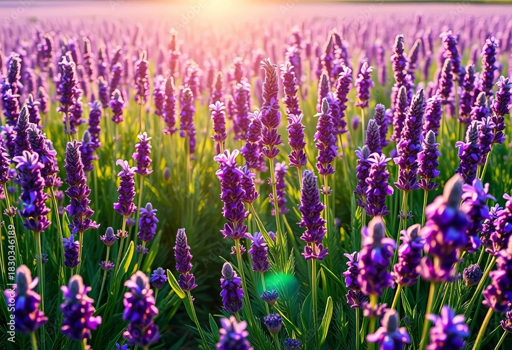 Fototapeta premium Sun-drenched lavender field, fragrant purple blooms, pollination, floral