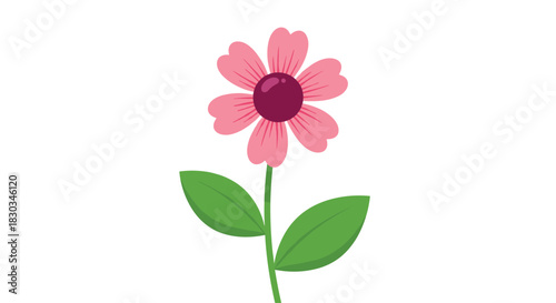 A vibrant pink cartoon flower with a deep purple center and fresh green leaves on a clean white background.