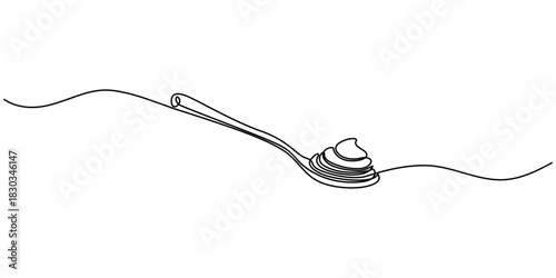 Continuous one line drawing caramel liquid poured into a spoon. Want to taste the extraordinary pleasure in the mouth. Sweetness. National Caramel Day. Single line draw design vector illustration