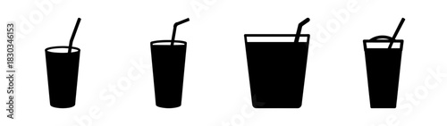 A collection of four black silhouette icons representing various sizes of beverage cups with straws