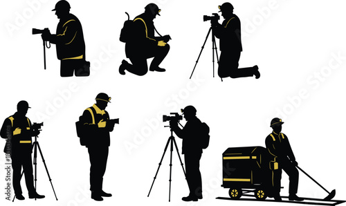 Silhouettes of industrial workers using cameras, tripods, and equipment inside mining or construction environments, illustrating professional documentation, inspection