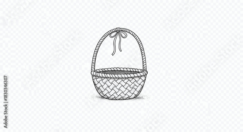 Hand-drawn illustration of an empty woven picnic basket with a handle and a small decorative bow.